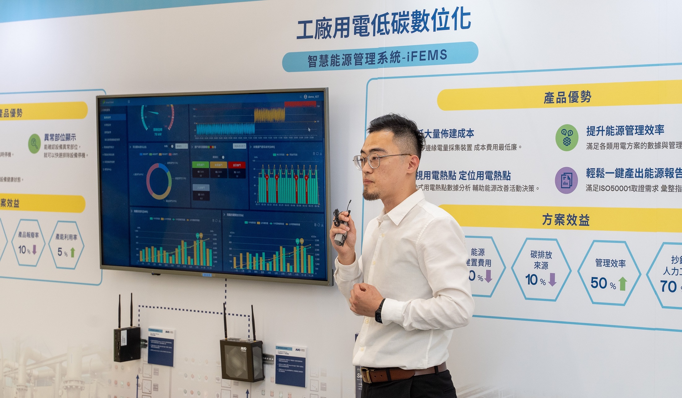 以协助企业布局智能制造见长的NG娱乐数位，今年展出智能管理系统，已导入多元产业应用，能有效降低人力、提升管理效率